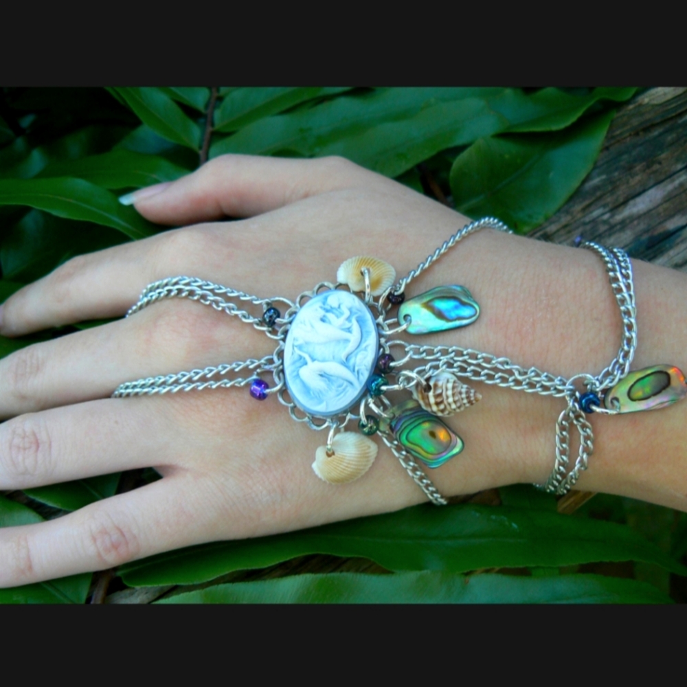Bracelet hand chain, handmade, abalone, cameo, mermaid/beach style